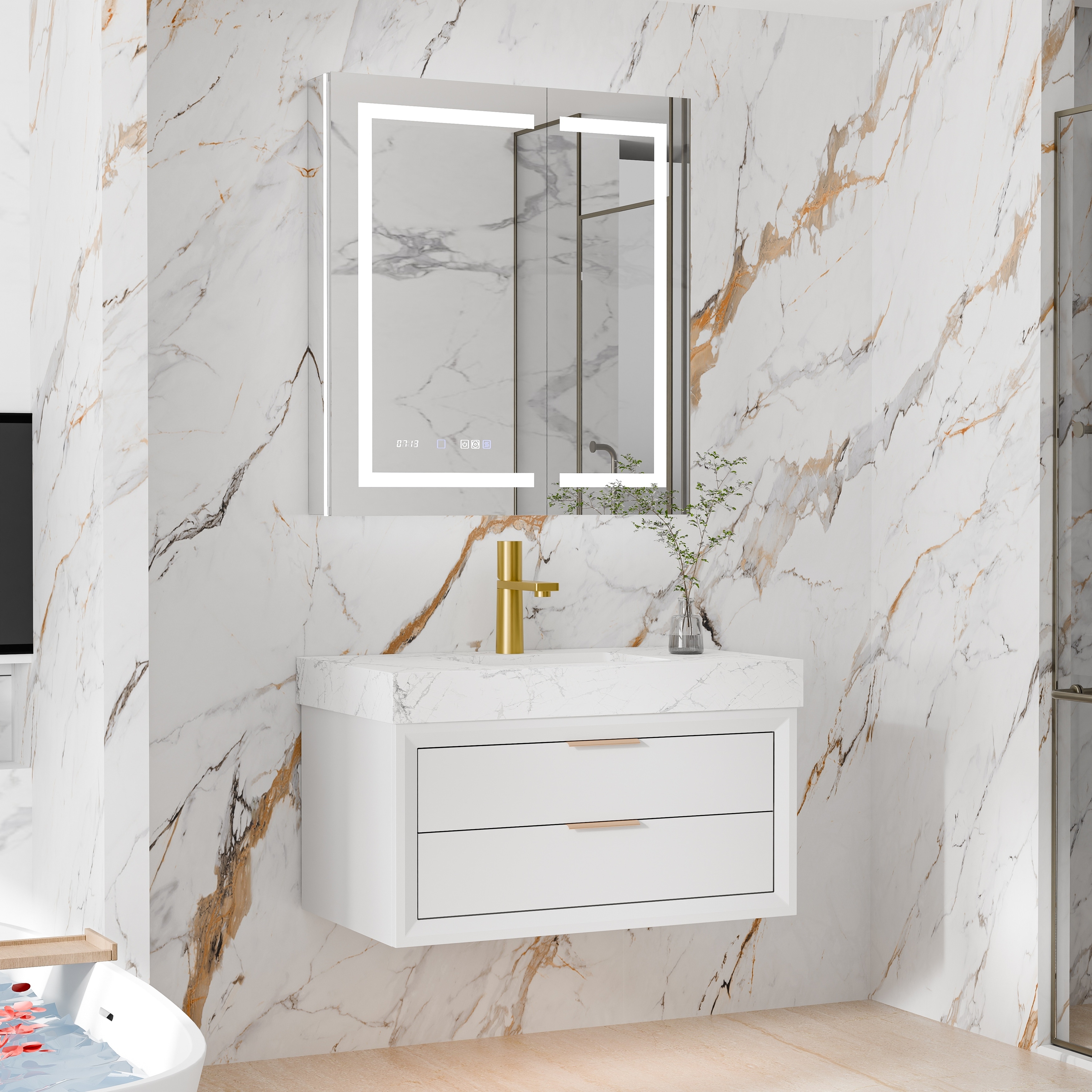 36/48/60 Inch Floating Wall-Mount Single/Double Bathroom Vanity with Sink, Flat Panel Design with Ambient Lighting, Matte White