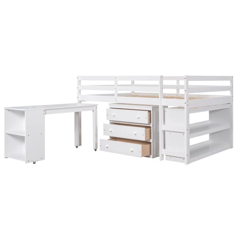 Multifunctional Full Loft Bed with Cabinet, Shelves & Rolling Desk - Space Saving White