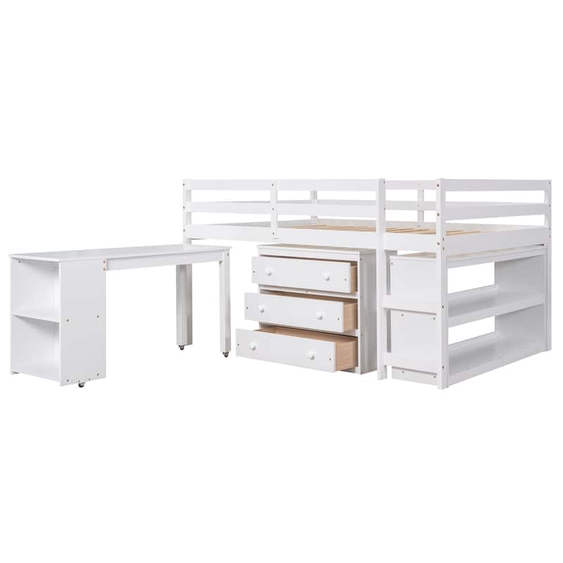 Twin/Full Size Low Loft Bed with Cabinet and Mobile Desk, Space-Saving Design