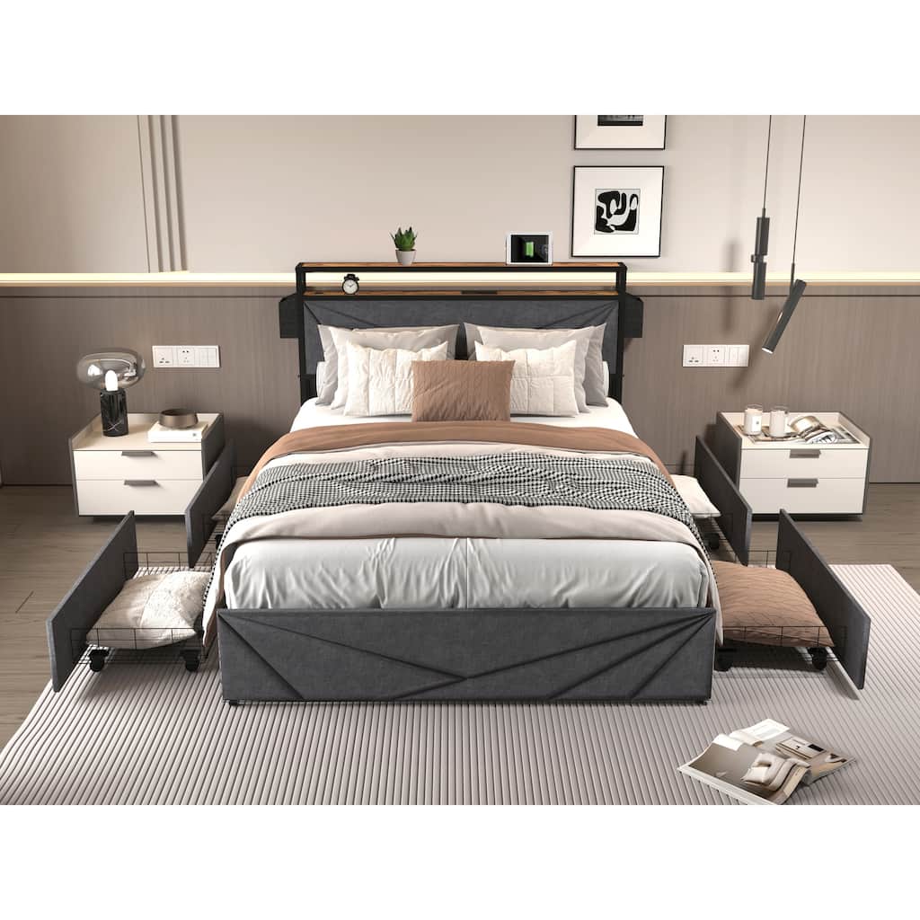 Full Bed Frame with Storage Headboard, Charging Station, LED Lights, and 4 Drawers - No Box Spring Needed