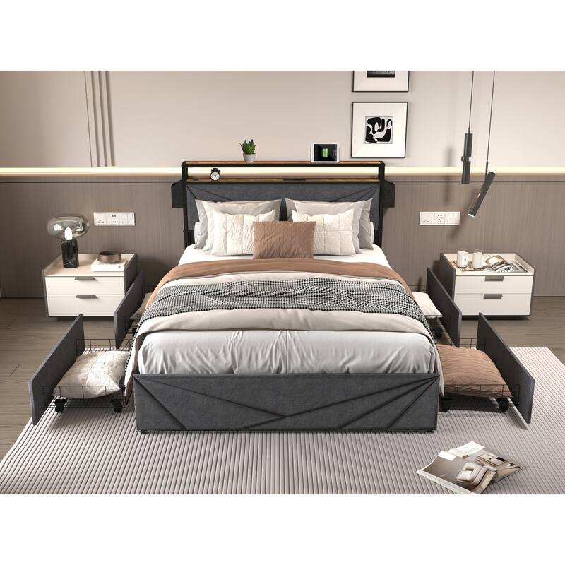 Full Size Bed Frame with Storage Headboard, Charging Station, LED Lights, 4 Drawers, No Box Spring Needed, Sturdy - Black+ Gray