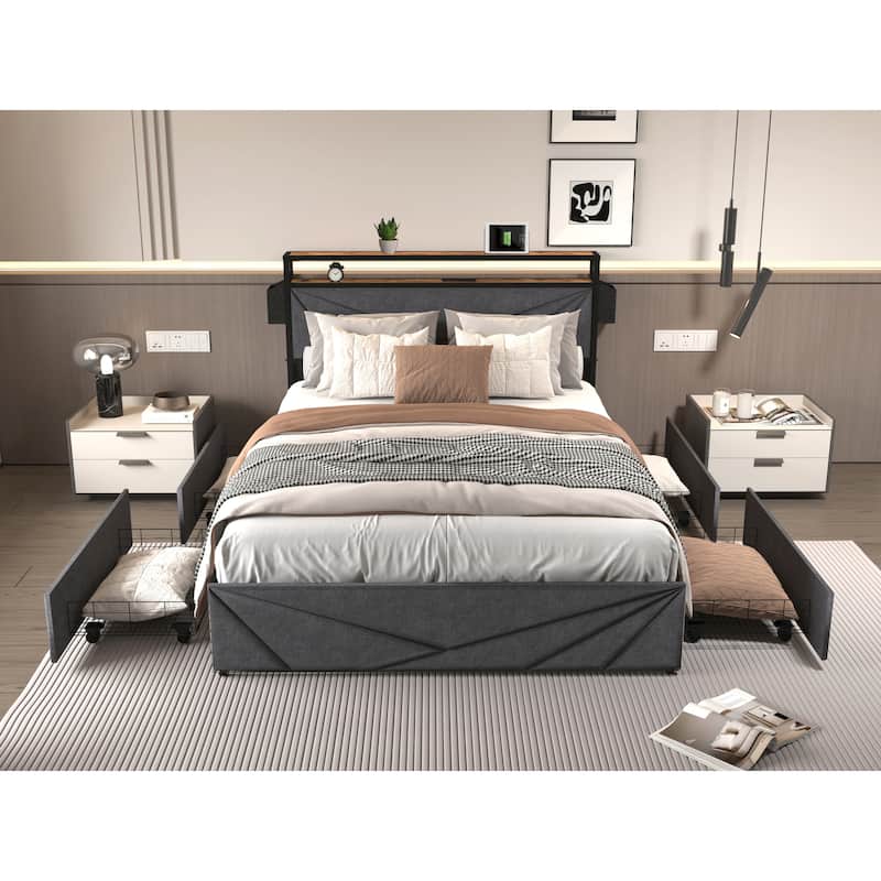 Full Size Platform Bed with LED Lights, Charging Station & 4 Drawers - Black+ Gray