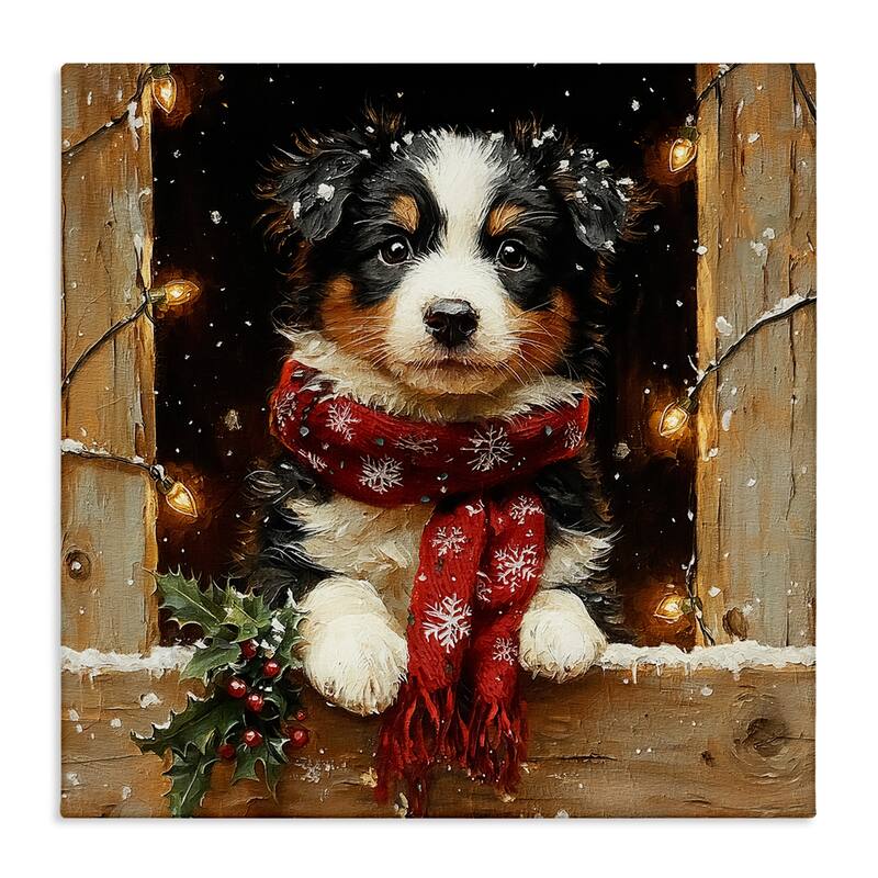 Stupell Snowy Christmas Lights Puppy Canvas Wall Art Design By Riley B - 17 x 17