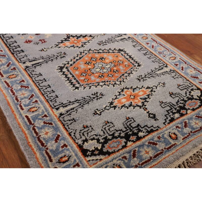 Gray Geometric Viss Indian Runner Rug Handmade Wool Carpet - 2'6"x 8'0"
