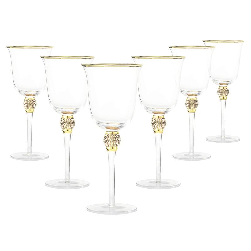 Berkware Elegant Sparkling Studded Long Stem Rose Glass with Gold or Silver Rim - Set of 6 - Gold