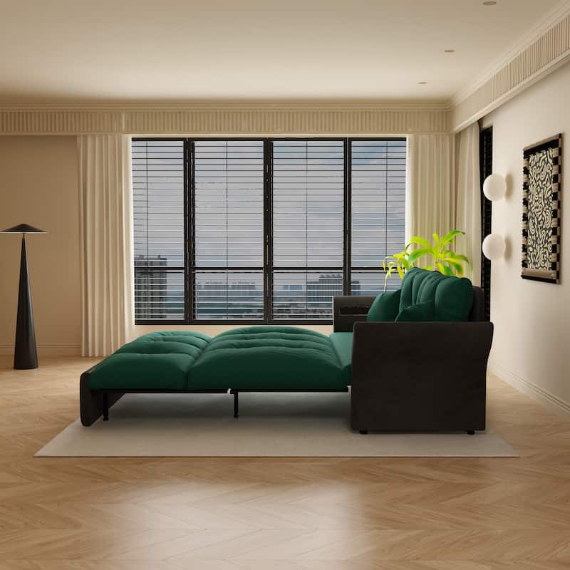 74.8" Queen Pull Velvet Out Sofa Bed, 3-in-1 Convertible Sleeper Tufted Sofa with 2 Soft Pillows-Green