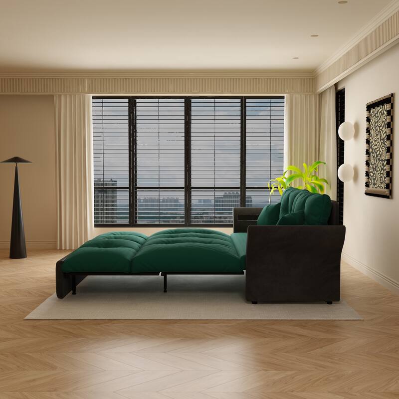 74.8" Queen Sleeper Sofa - 3-in-1 Tufted Velvet Loveseat with Pull-Out Bed & 2 Pillows, Multi-Functional