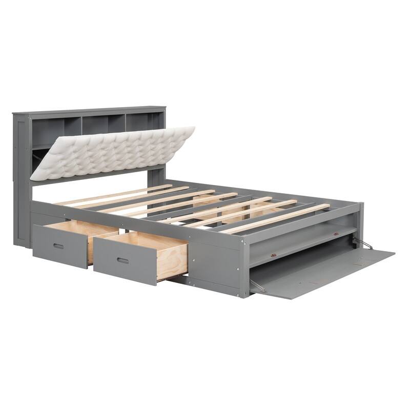 Queen Size Wood Platform Bed with Storage Headboard, Storage Shelves and 2 Drawers