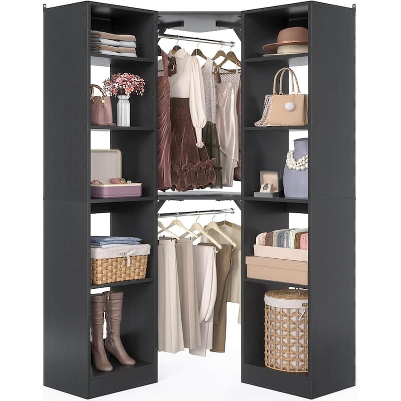 Kyrvo Corner Closet System with 12 Shelves and 2 Hanging Rods, 40"W x 80"H Freestanding Walk-in Closet Organizer System