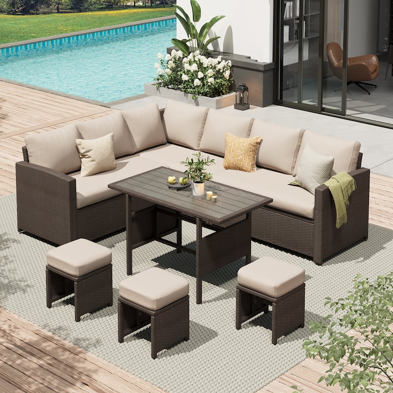 AECOJOY 7-Piece Outdoor Patio Wicker Sectional Sofa with Dining Table - Beige