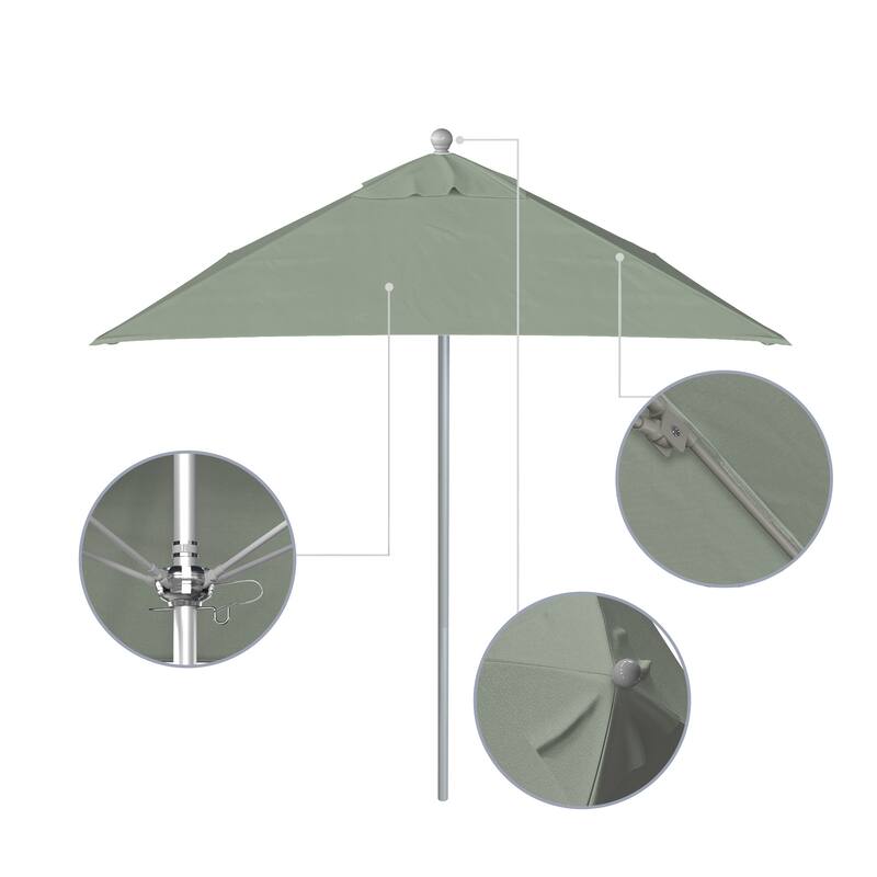 California Umbrella 6' Sq. Aluminum Frame, Fiberglass Rib Patio Umbrella, Push Open, Anodized Sliver Finish, Sunbrella Fabric