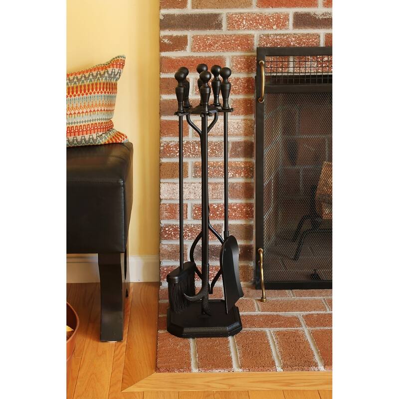 Achla Designs Plymouth Set of 4 Fireplace Tools w/Rectangular Base, 29.5 Inch Tall, Black