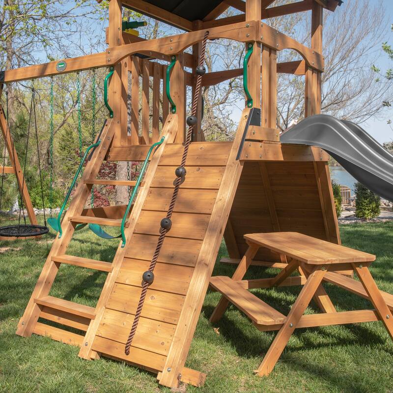 Backyard Discovery Endeavor II Cedar Wood Swing Set, Slide, Play Deck