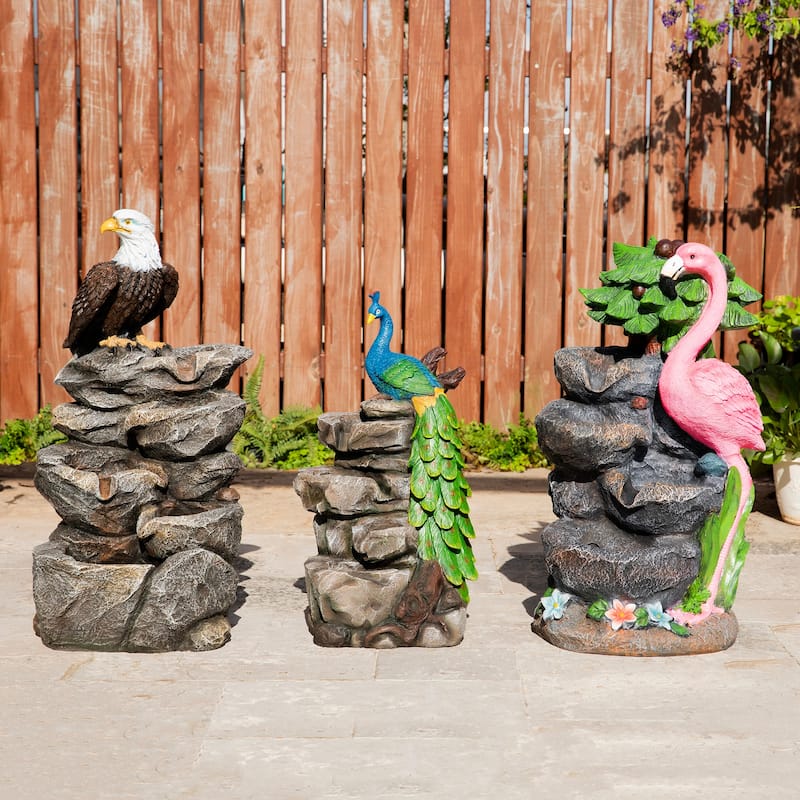 Glitzhome 23.5"H 4-Tiered Flamingo Polyresin Stone Outdoor Fountain with Lights