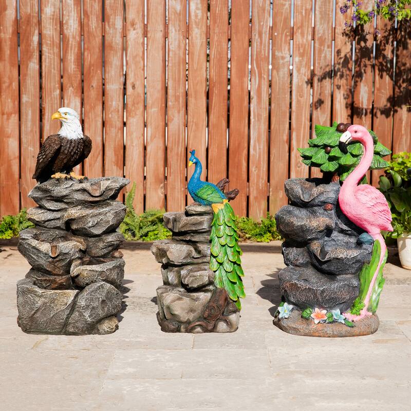 Glitzhome 25.25"H 4-Tiered Polyresin Eagel Stone Outdoor Fountain with Lights