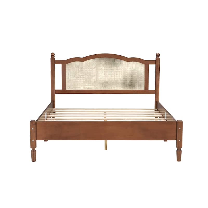 Wooden Platform Bed with Rattan Headboard