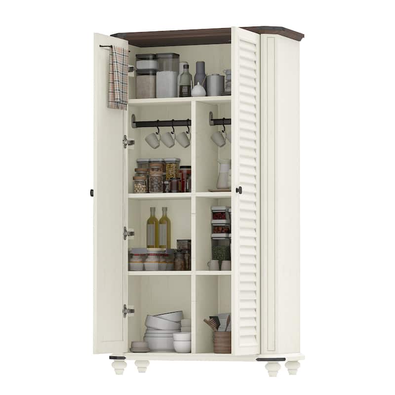 Farmhouse Pantry Cabinet with 4-Tier Storage Adjustable Shelves Two Magnetic Doors and Hooks for Kitchen Organization