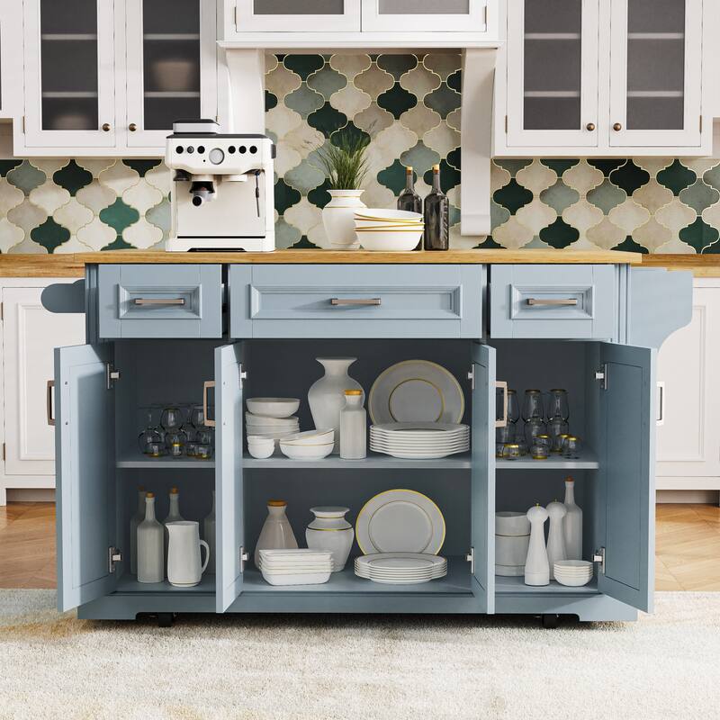 54"Large Kitchen Island with Rubber Wood Drop Leaf,Embossed Texture Rolling Kitchen Cart on 4 Wheels with 4 Doors and 3 Drawers