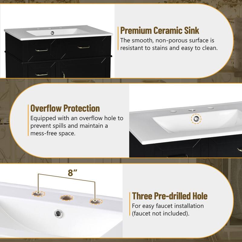 30-Inch Bathroom Vanity with Ceramic Sink, Adjustable Shelf, Soft Close Door, and 3 Soft Close Drawers