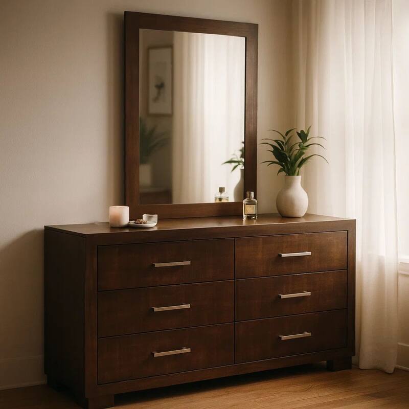 Bela Wide Dresser with Mirror and 6 Drawers, Silver, Cappuccino Brown
