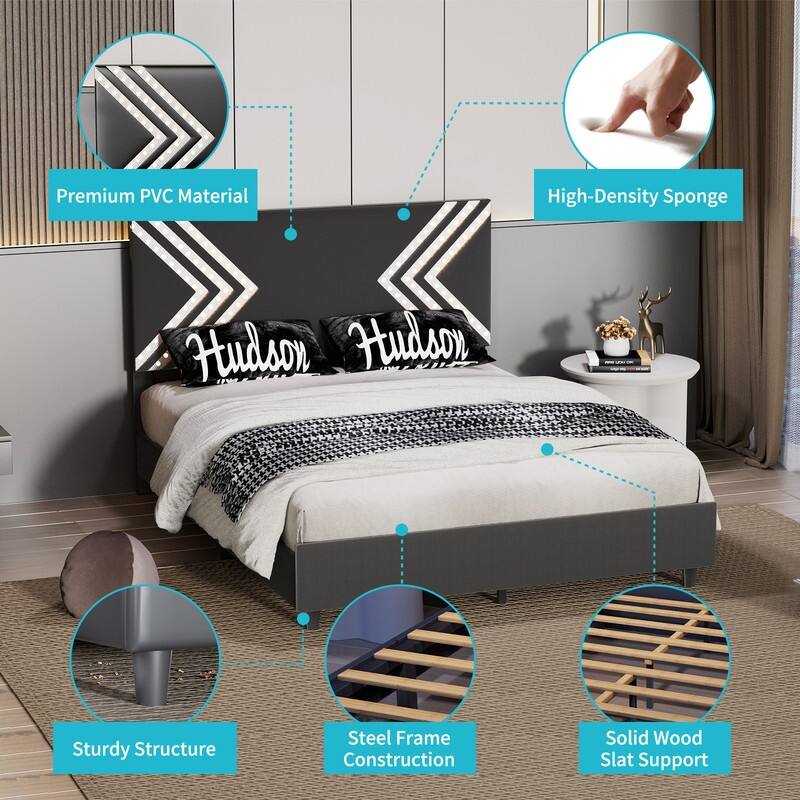 Mixoy Gaming Bed with Lights,Boys LED Bed Frame,Black PVC Leather Upholstered Headboard,Bed Frame for Gamers
