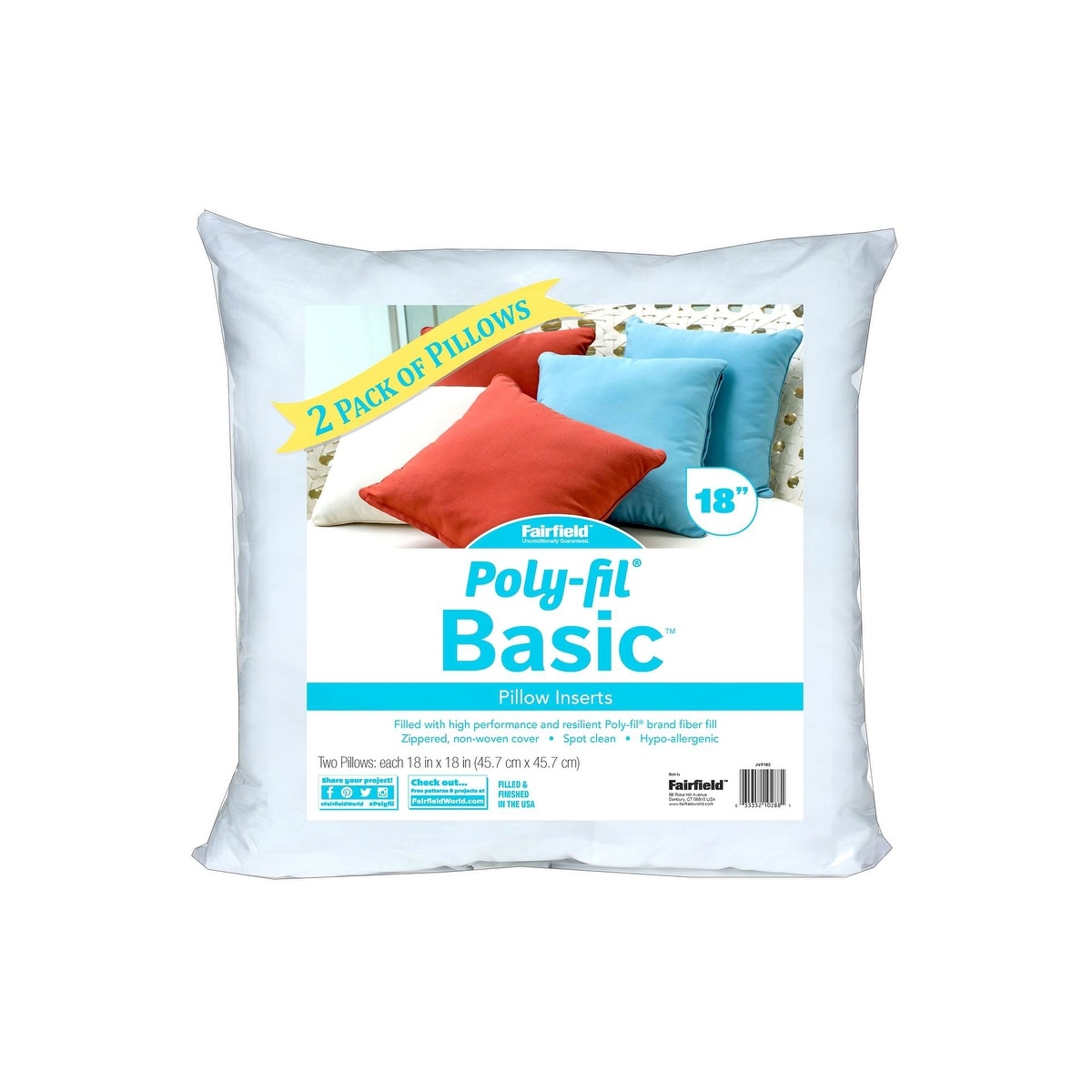 2 Pack 20 x 20 Fairfield Poly-Fil Basic Pillow Insert White