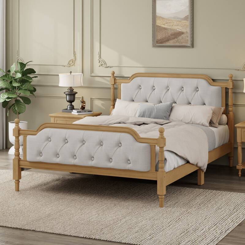 Roomfitters Full Size Solid Wood Bed Frame, Upholstered Tufted Headboard, Traditional Style, No Box Spring Needed - Walnut - Full