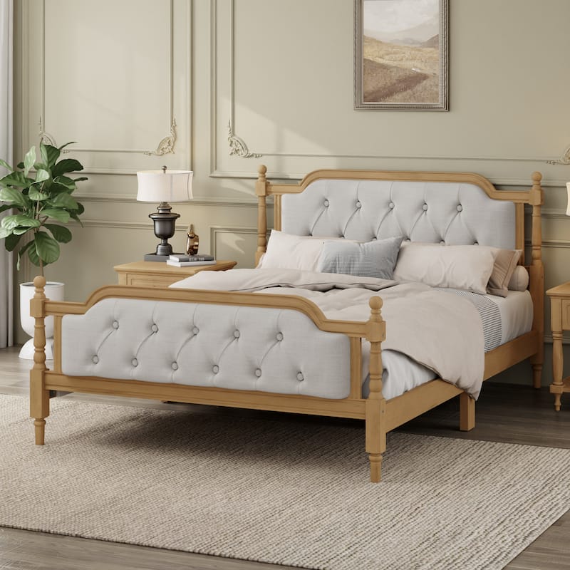 Traditional Style Solid Wood Platform Bed Frame with Upholstered Tufted Headboard, Wooden Slats Support, No Box Spring Needed