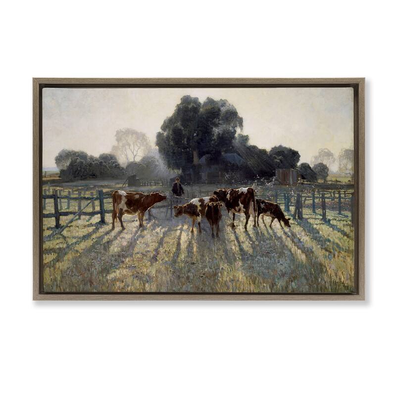 Stupell Elioth Gruner Morning Cows Framed Floater Canvas Wall Art Design By Arlington Prints - 31 x 21 - Brown