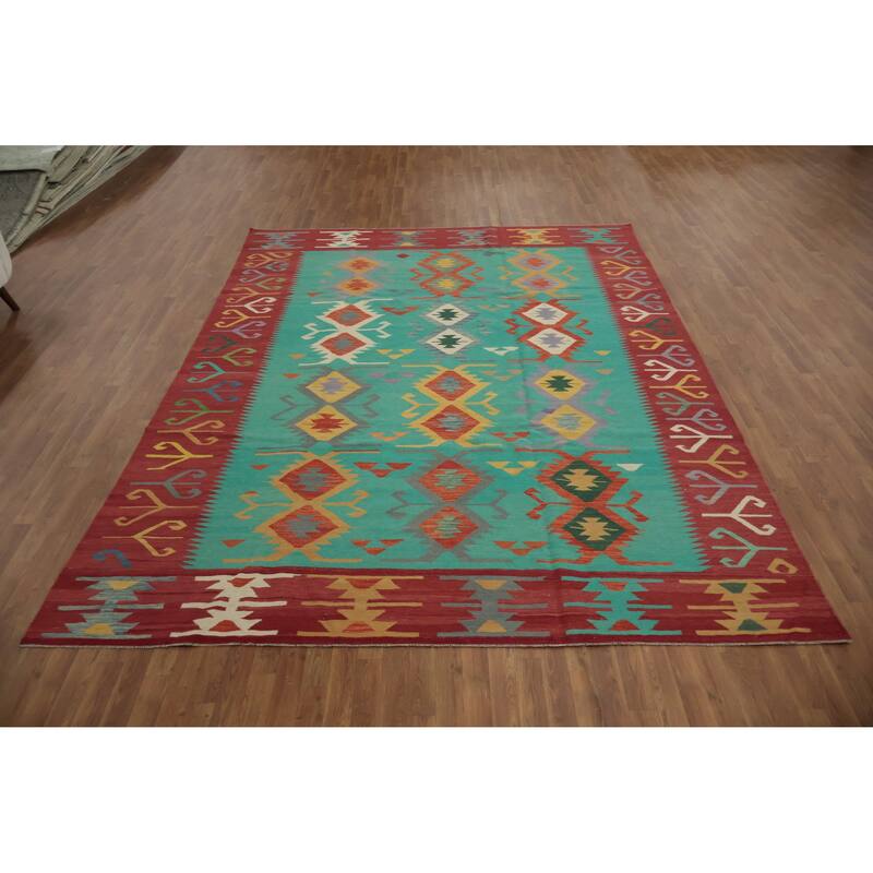 Hand Woven Oriental 100% Wool Carpet Southwestern Tribal Navy Blue & Blues Kilim Area Rug - 12' 0'' X 8' 10''