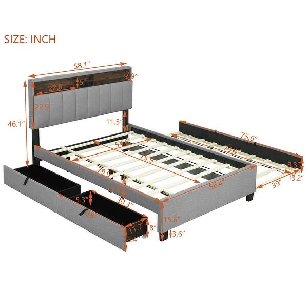 Bookcase Bed with Drawers, Flip-top Headboard Storage Bed USB Sets