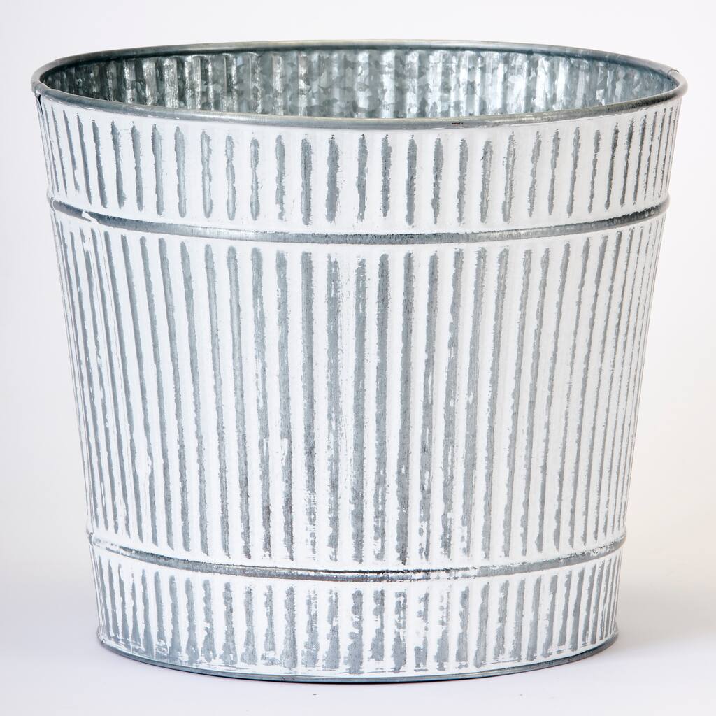 10.5" Galvanized Rustic Metal Planter Pail with White Distressed Paint, Set of 3
