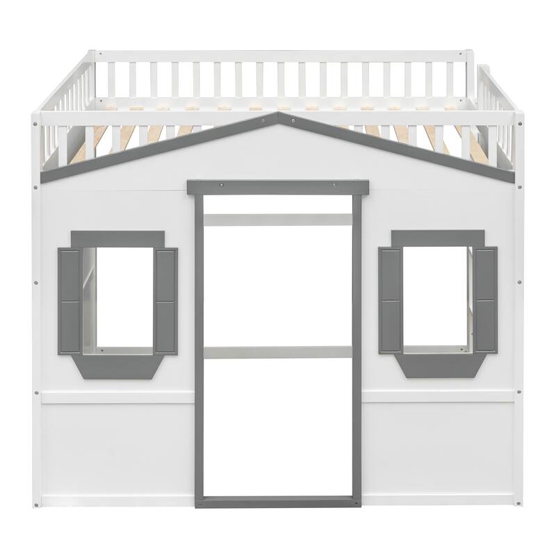 White+Gray Full Size Solid Wood House Loft Bed with Ladder for Kids