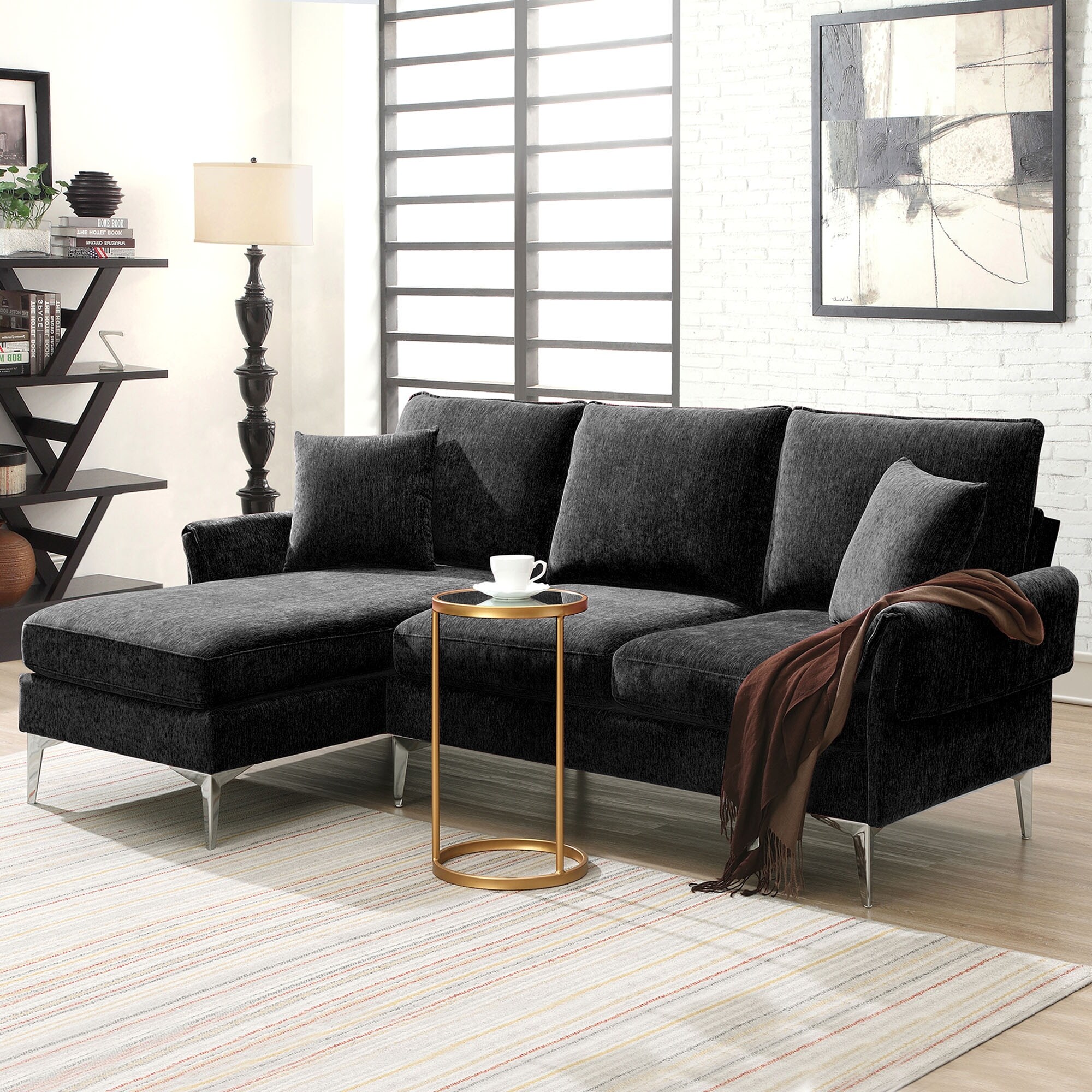 Black Chenille Convertible Sectional Sofa Reversible Chaise 2 Pillows Bed Bath Beyond 39615023