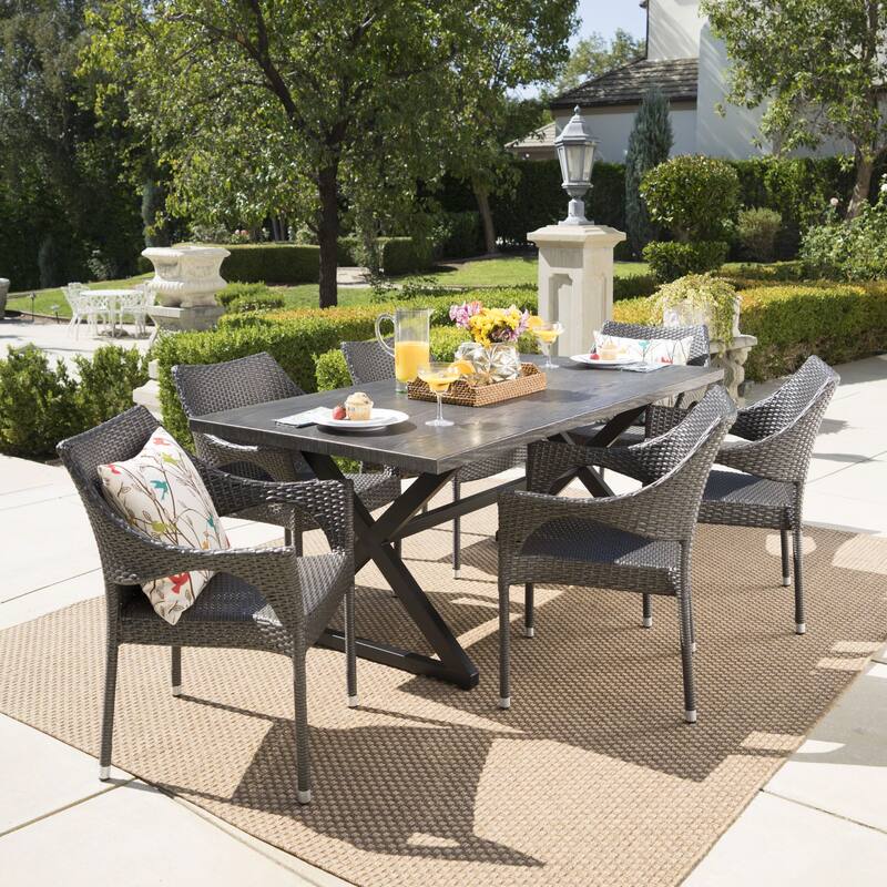 Grayson PE Wicker/ Aluminum/ Iron Outdoor 7-piece Dining Set by Christopher Knight Home - Grey