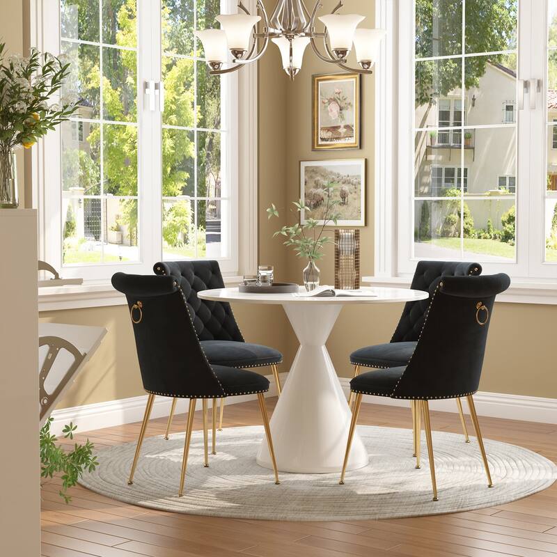 48" Light Luxury White High Gloss Large Countertop Dining Table with Velvet Dining Chair Set