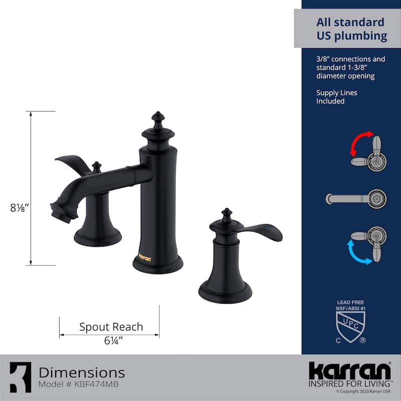 Karran Vineyard KBF474 2-Handle Three Hole Widespread Bathroom Faucet with Matching Pop-up Drain