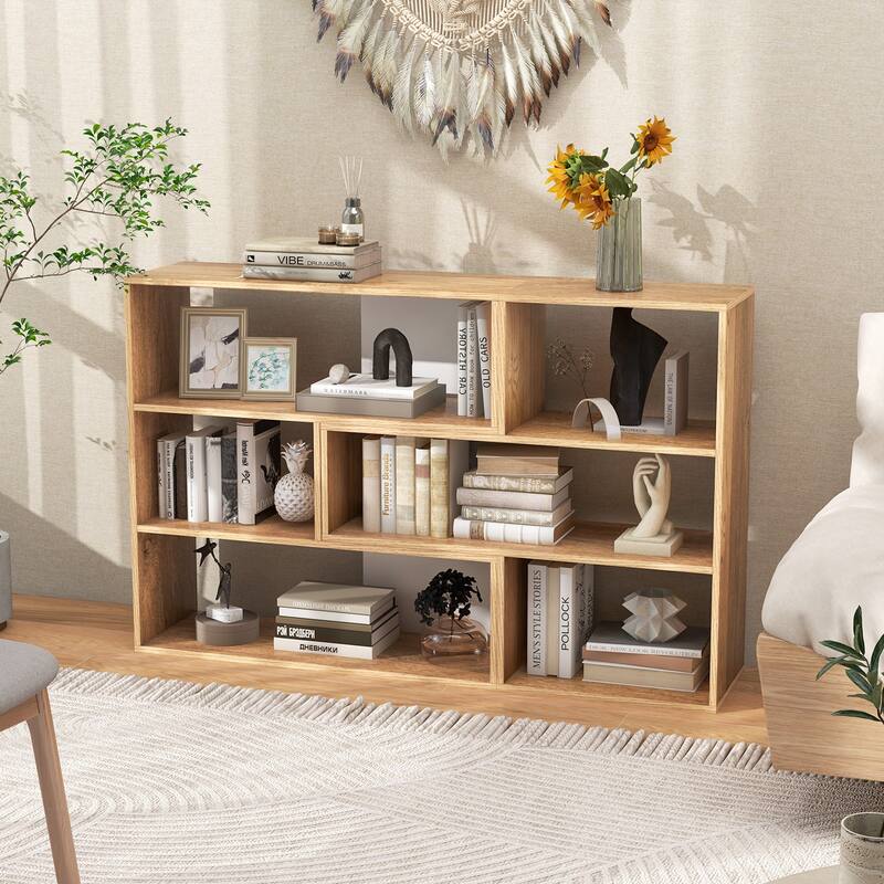 Modular Bookcase with 6 Open Shelves and Natural Wood Grain Display Shelf for Living Room - 52" x 12" x 33"