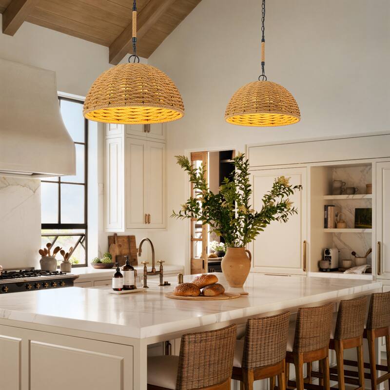 3-Light Farmhouse Hemp Rope Pendant Light for Kitchen Island Dining Room - Black - 17.9" W × 8.9" H