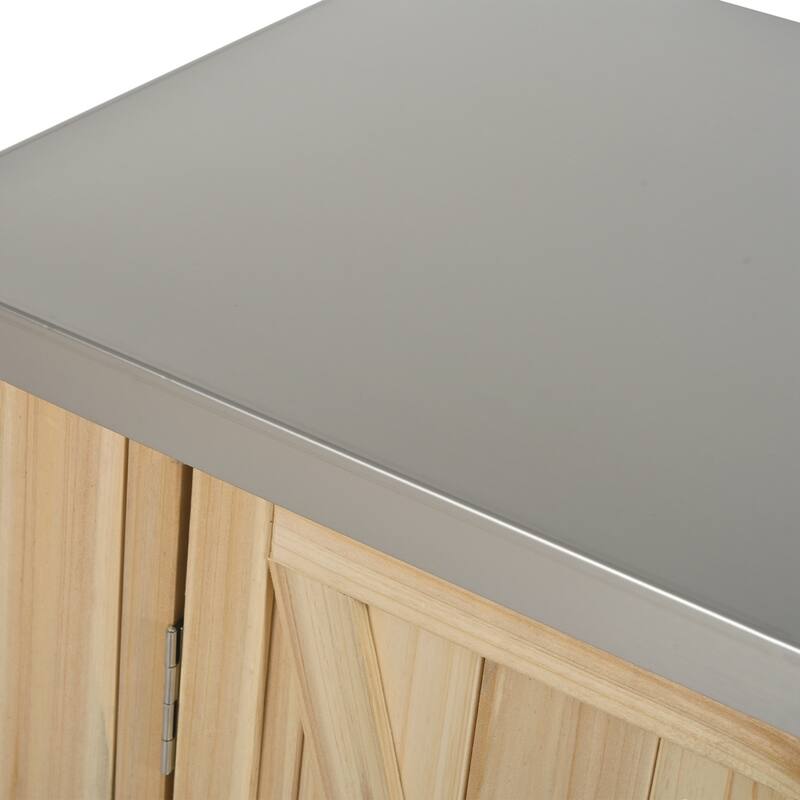 Outdoor Kitchen Island Fir Wood Kitchen Island with Stainless Steel Top, Ample Storage Space, Towel and Spice Racks