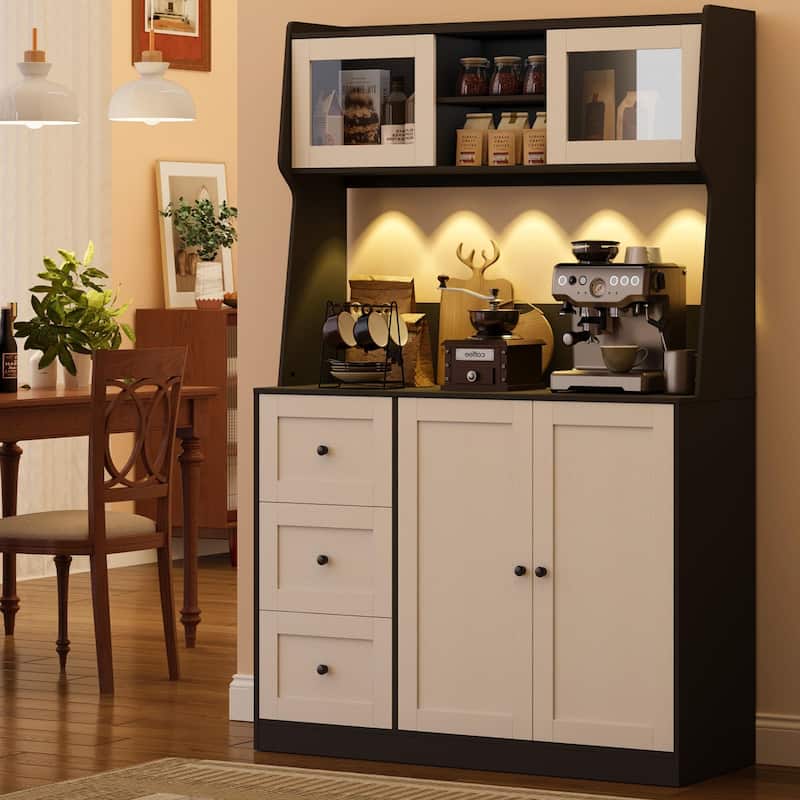 67" Tall Kitchen Hutch Storage Cabinet, Farmhosue Coffee Bar Cabinet with 3 Drawers