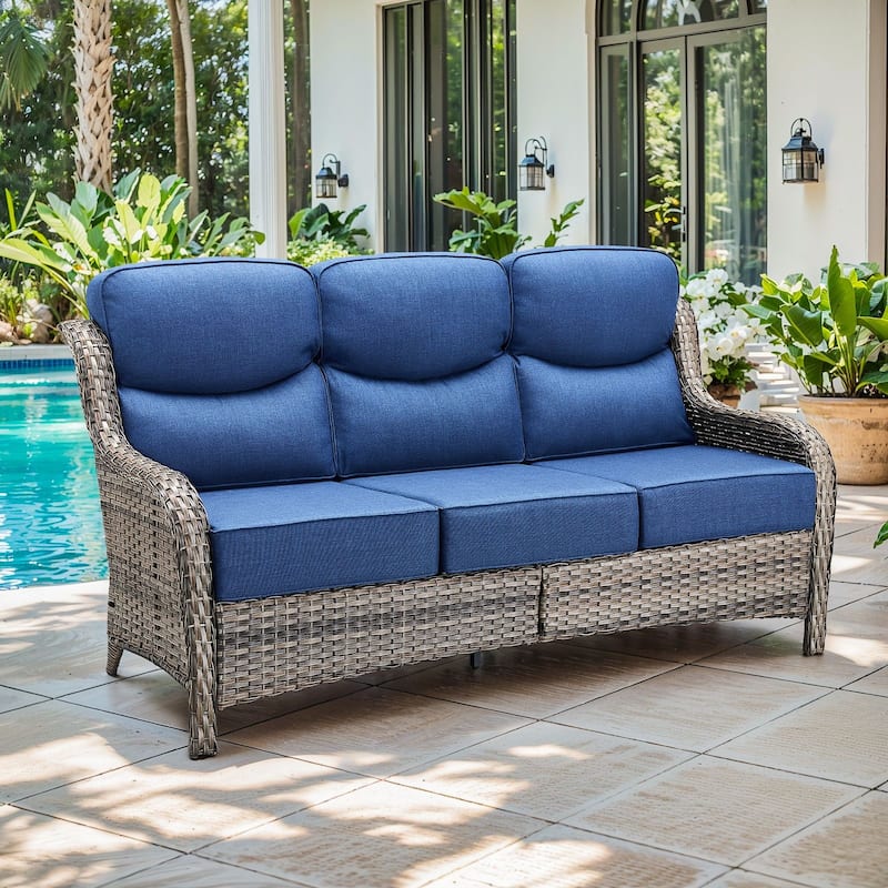 Gymojoy 72'' 3-Seat Outdoor Durable Sofa with 6-Inch Ultra-Plush Cushions & Water-Resistant Olefin Fabric - Grey Wicker / Blue Cusion - 1-Piece