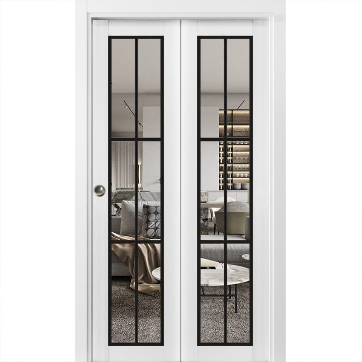 SartoDoors Lucia 2366 | Closet Door Bi-fold Door | Solid Wood w/ Glass | Hardware Set | 36x80, White Silk Bedroom Door