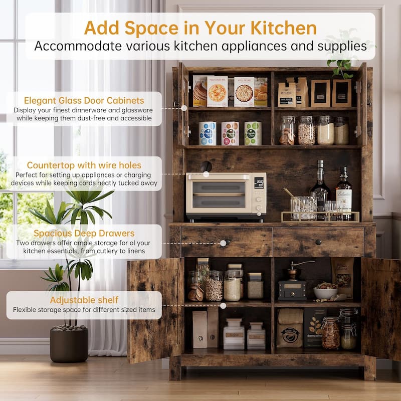 Kitchen Pantry Storage Cabinet with Microwave Stand & Coffee Bar Cabinet,Freestanding Hutch Cabinet with 4 Doors