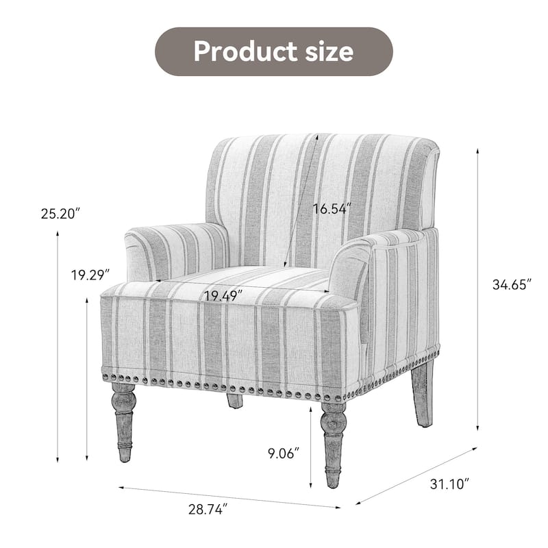 2 Set Linen Upholstered Armchairs Nailhead Trim Accent Chairs with Wooden Legs