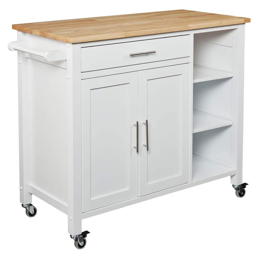 White Kitchen Cart with Butcher Block Countertop, Double-Door Cabinet, Open Shelves, Drawer, and Towel Rack