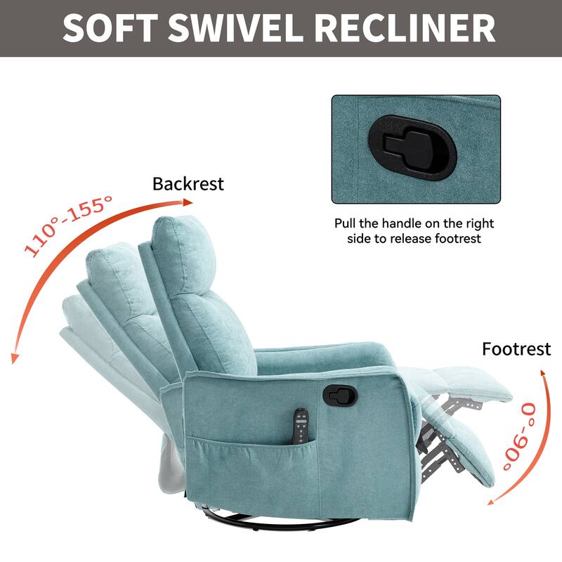 Roomfitters Swivel Rocker Recliner Chair, Manual Fabric Massage Armchair with Heat and 360-Degree Motion, Living Room