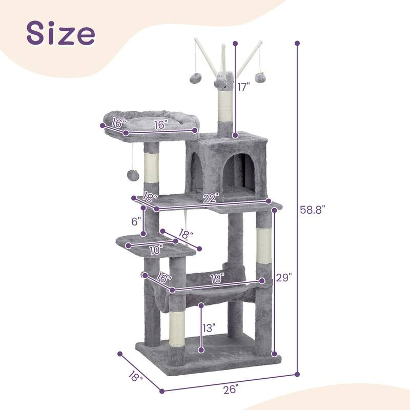 57-inch Light Grey Cat Tree with Padded Platform Bed