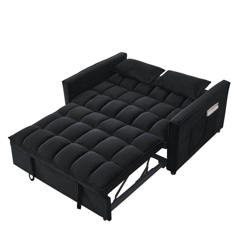 Black 53.94" Velvet 3 in1 Loveseat Pull-Out Sofa Bed withTwo Side Pockets and Adjustable Backrest for Living Room