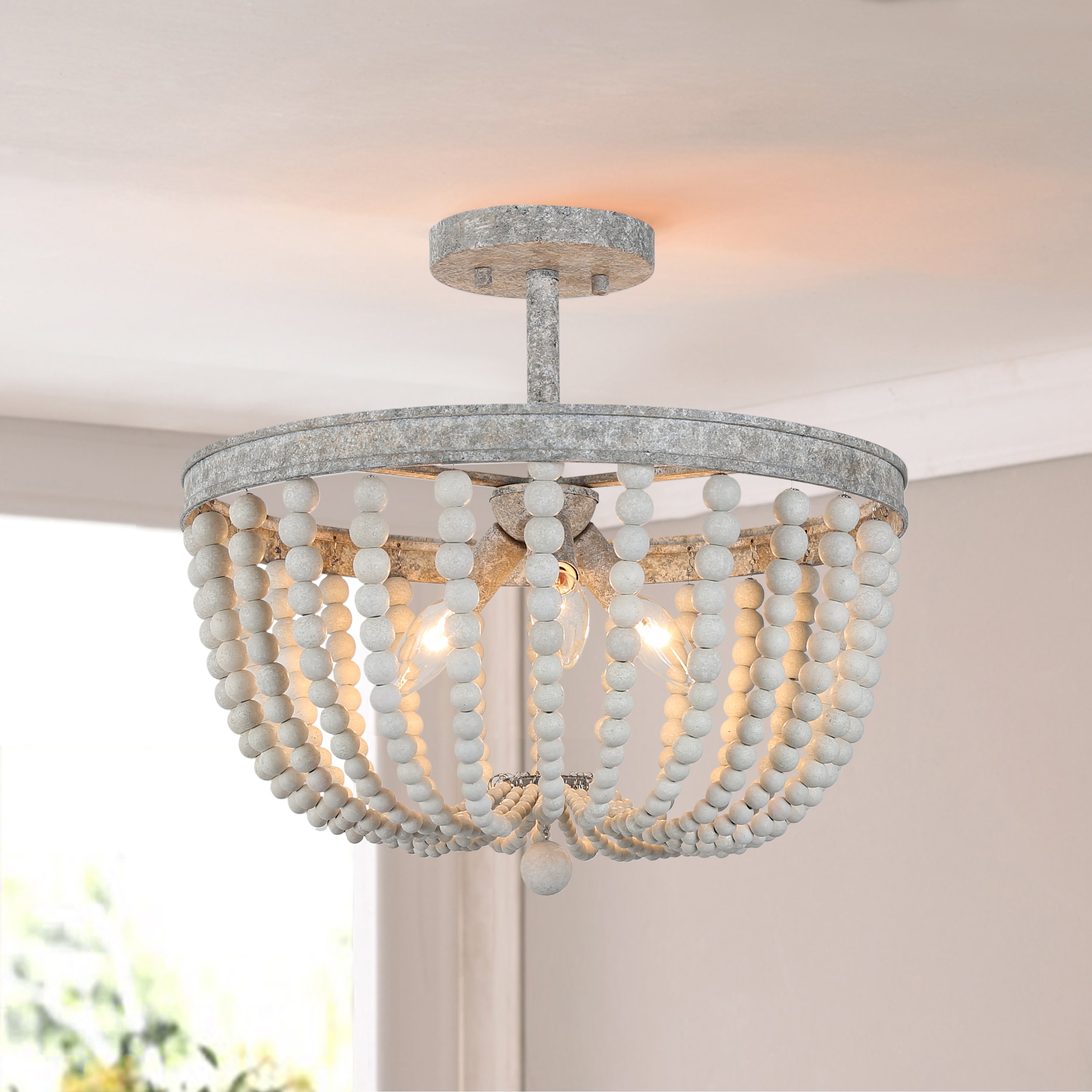 wood beaded semi flush mount light